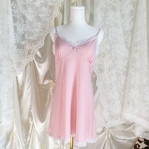 Pink Slip Dress with White Lace Trim